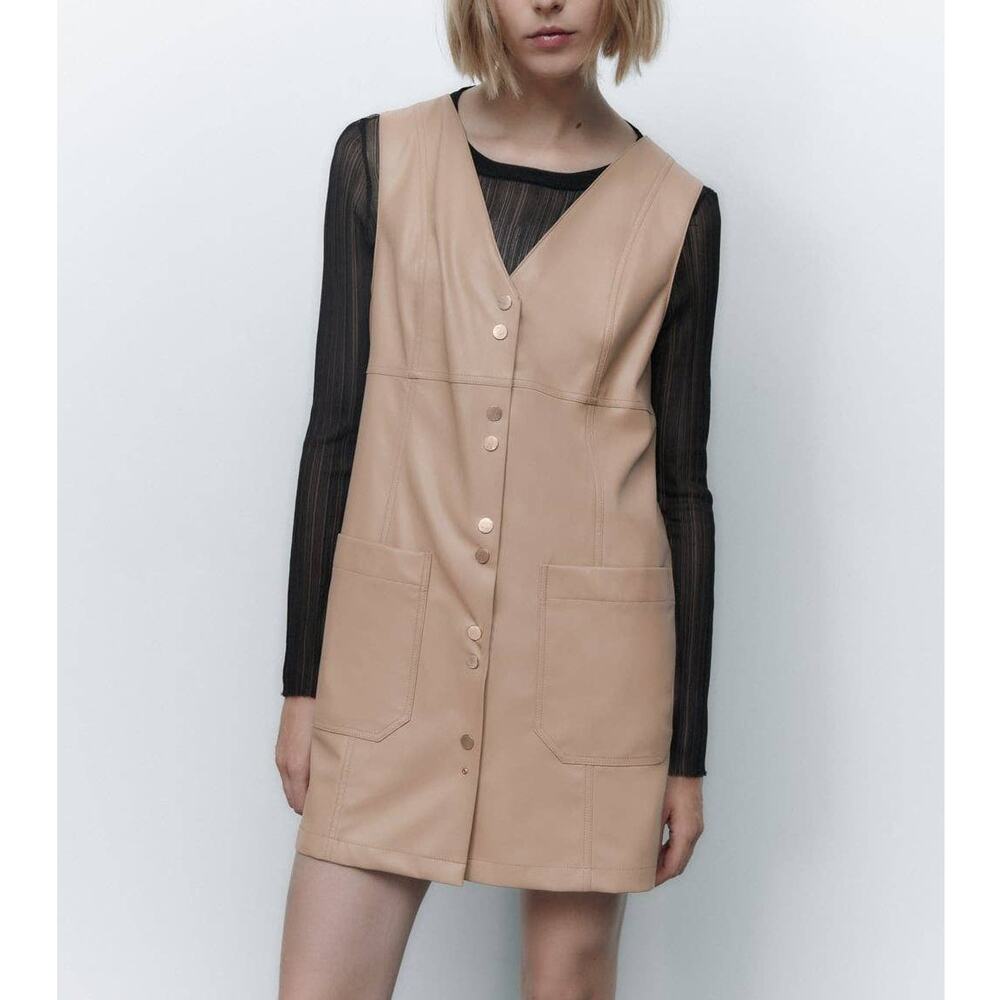 Zara FAUX LEATHER MINI PINAFORE DRESS in Beige